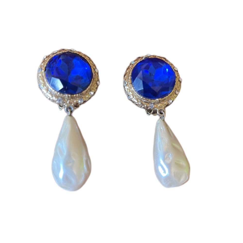 Vintage blue Pearl white drop crystal round art deco earrings